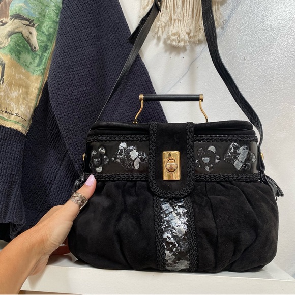 Rare velvet/leather 1950/1960s bag w top handle Made in CANADA - Picture 2 of 16